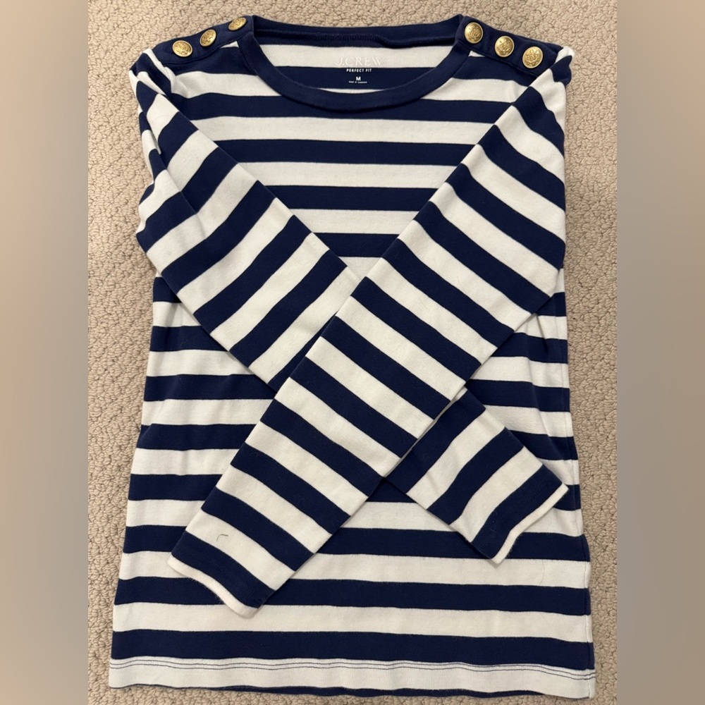 J.Crew Navy and White Striped Long Sleeve Tee with Gold Button details